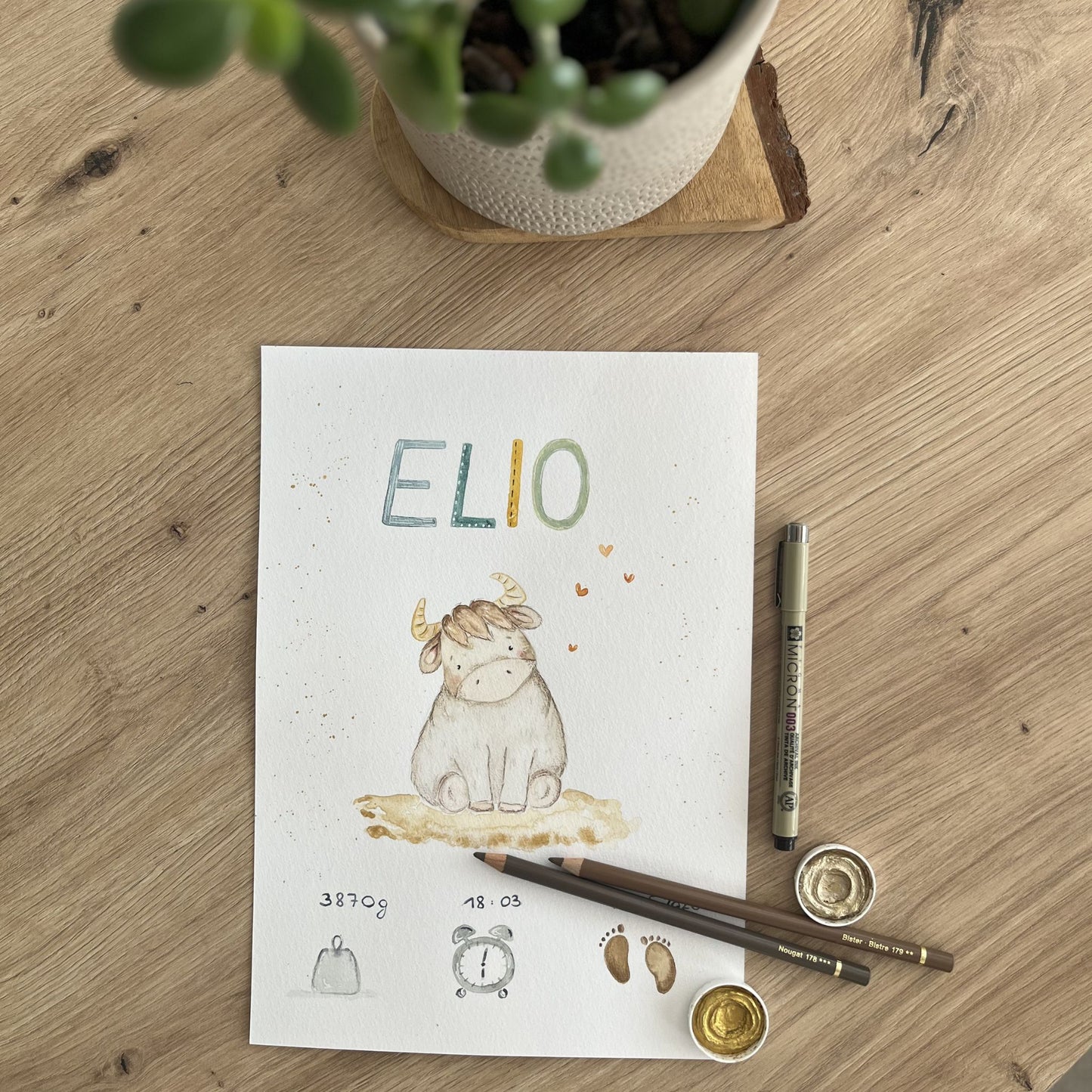 Geburtsbild handgemalt mit personalisierten Daten von Christinas Kartenkunst