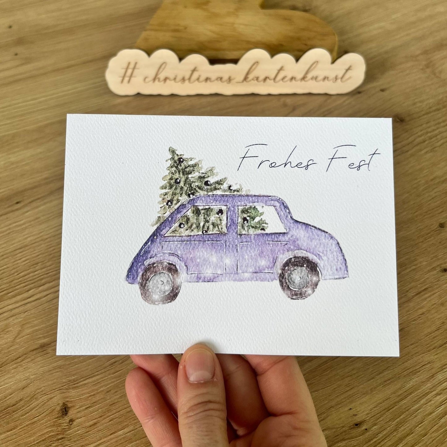 Weihnachtskarte mit Aufdruck "Frohes Fest", Auto und Weihnachtsbaum Christinas Kartenkunst