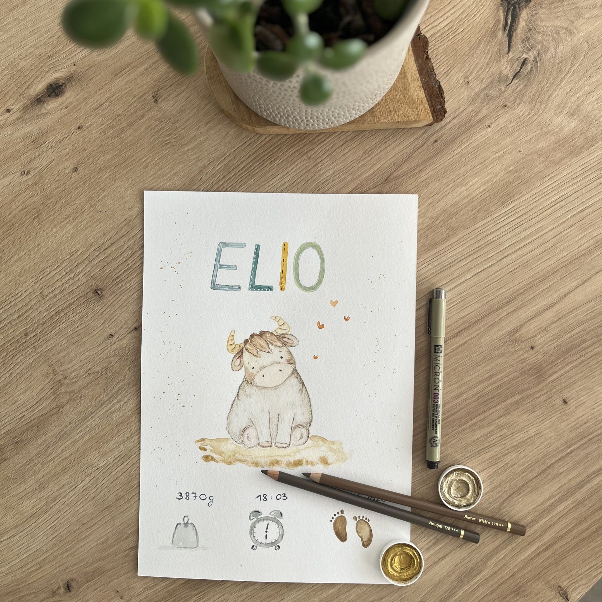 Geburtsbild handgemalt mit personalisierten Daten von Christinas Kartenkunst
