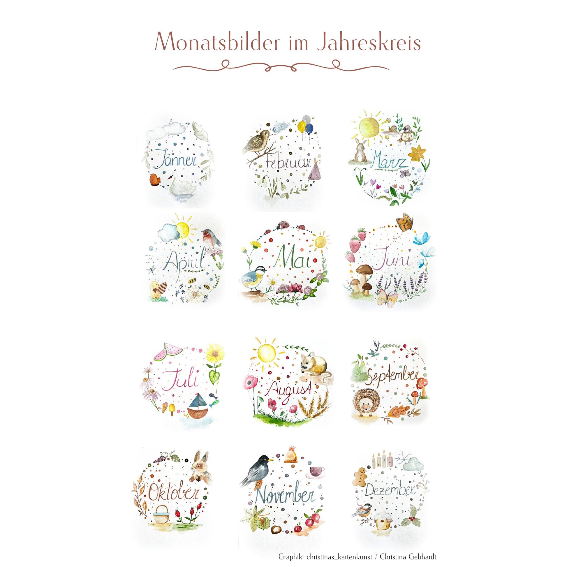 Jahreskreis Kalender Monatsbilder Übersicht Christinas Kartenkunst