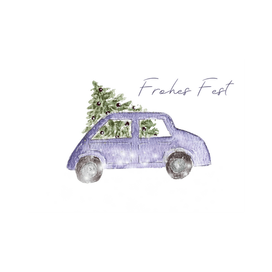 Weihnachtskarte mit Aufdruck "Frohes Fest", Auto und Weihnachtsbaum Christinas Kartenkunst