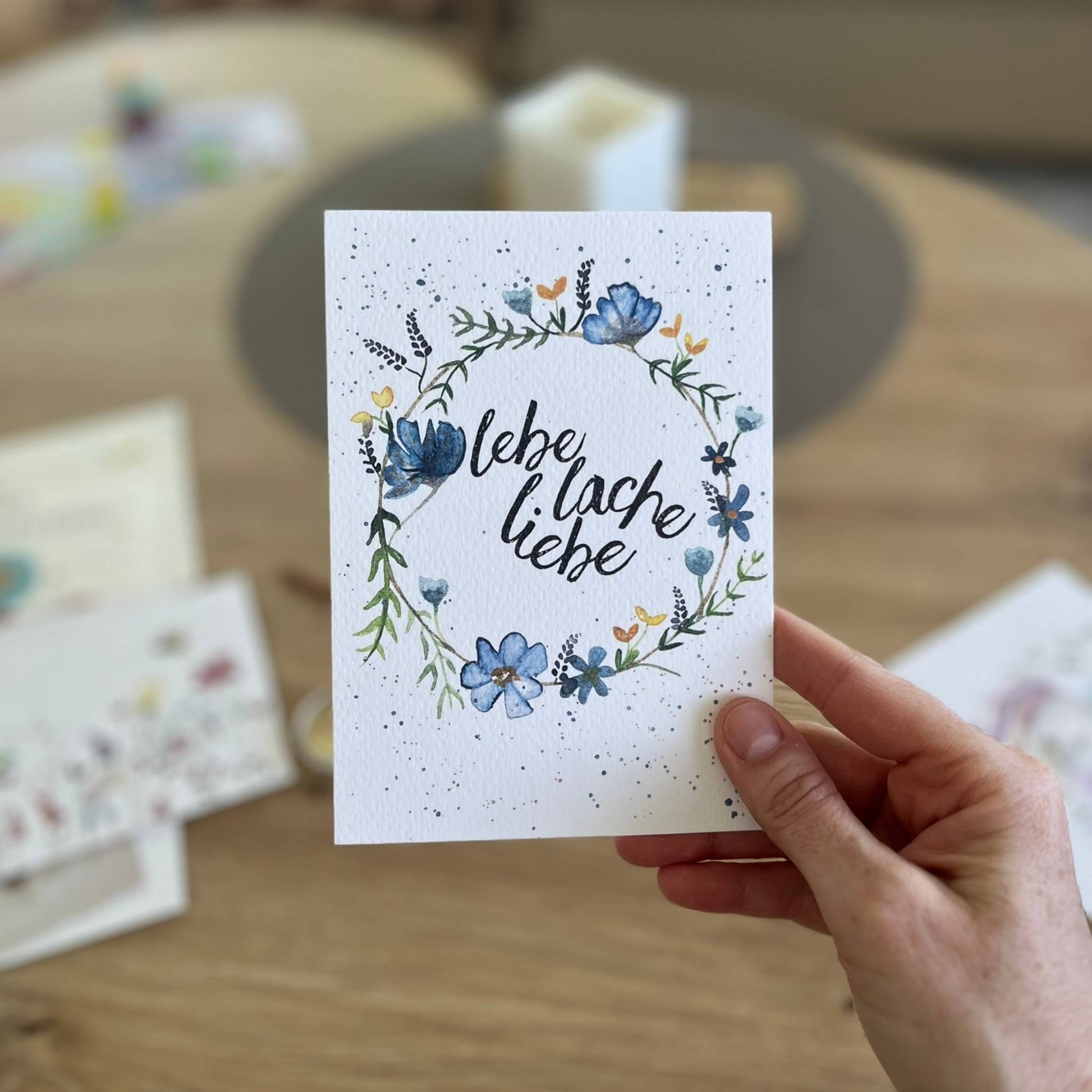 Karte Lebe, liebe, lache Krank blau Christinas Kartenkunst