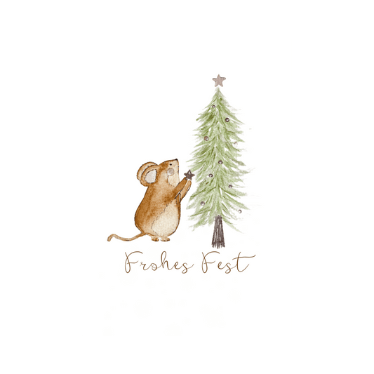 Weihnachtskarte mit Aufdruck "Frohes Fest", kleiner Maus und Weihnachtsbaum Christinas Kartenkunst