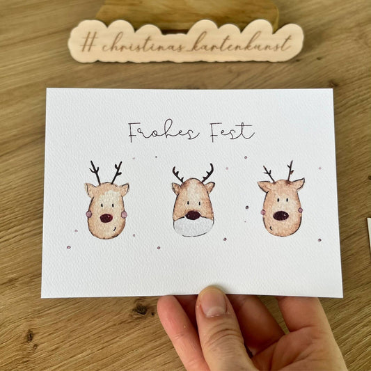 Weihnachtskarte "Frohes Fest" mit drei Rentieren Christinas Kartenkunst