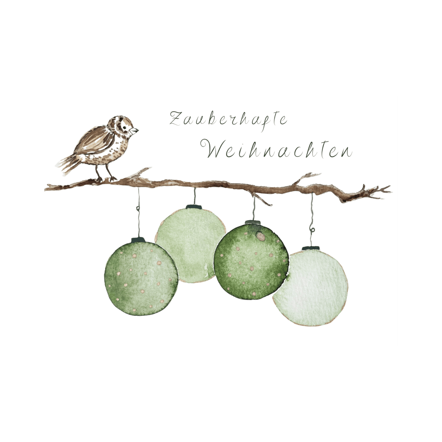 Weihnachtskarte "Zauberhafte Weihnachten" mit Christbaumkugeln und kleinem Vogel Christinas Kartenkunst
