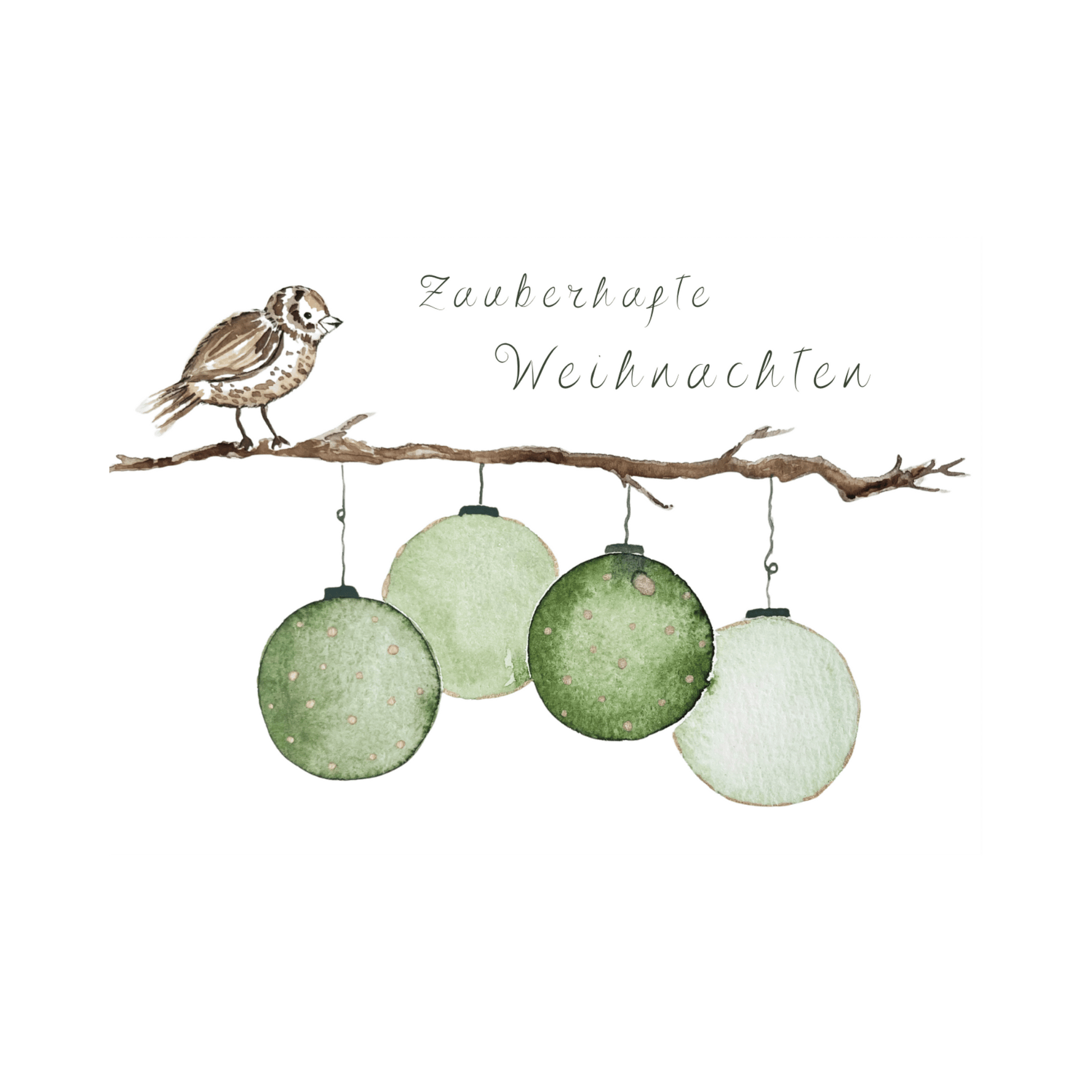 Weihnachtskarte "Zauberhafte Weihnachten" mit Christbaumkugeln und kleinem Vogel Christinas Kartenkunst