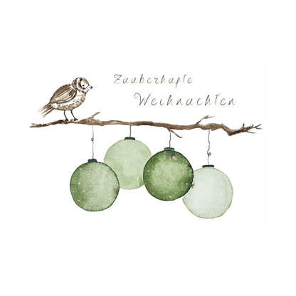 Weihnachtskarte "Zauberhafte Weihnachten" mit Christbaumkugeln und kleinem Vogel Christinas Kartenkunst