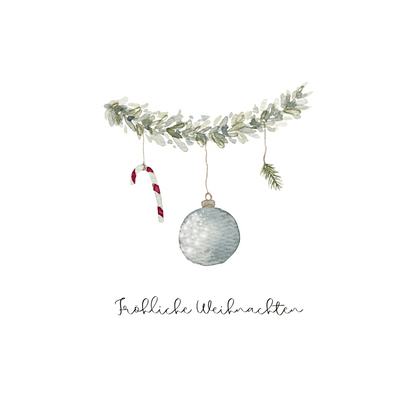 Weihnachtskarte "Fröhliche Weihnachten", Zuckerstange und Christbaumkugel Christinas Kartenkunst