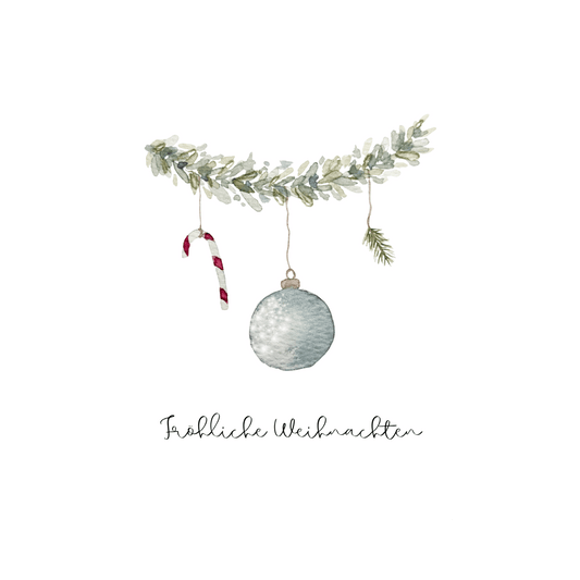 Weihnachtskarte "Fröhliche Weihnachten", Zuckerstange und Christbaumkugel Christinas Kartenkunst