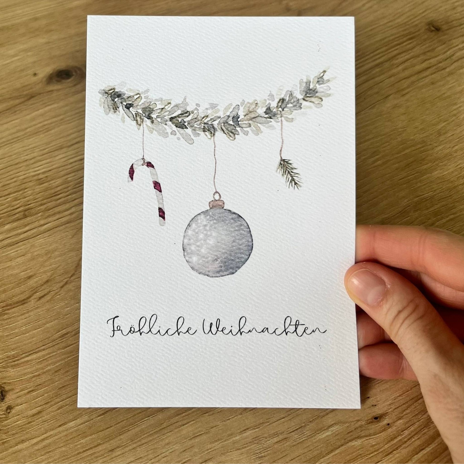 Weihnachtskarte "Fröhliche Weihnachten", Zuckerstange und Christbaumkugel Christinas Kartenkunst