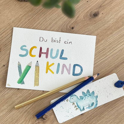 Karte Du bist ein Schulkind und Dino-Lesezeichen Christinas Kartenkunst