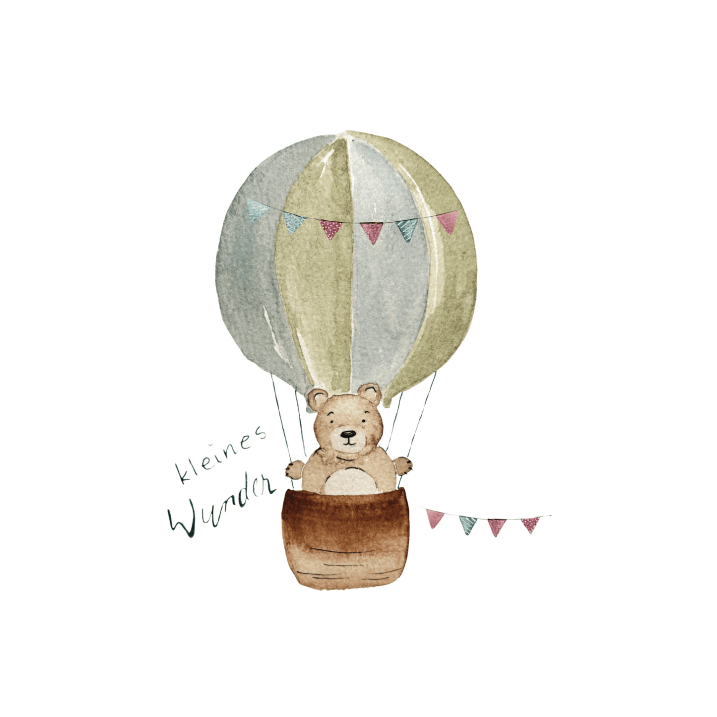 Karte zur Geburt mit Aufschrift "Kleines Wunder" und Bär im Heißluftballon von Christinas Kartenkunst
